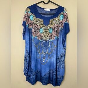 Floral & Gold Designed Blue Dress Tunic
